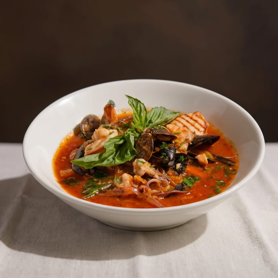 A white bowl of seafood cioppino with mussels, shrimp, fish, and basil on a white tablecloth.