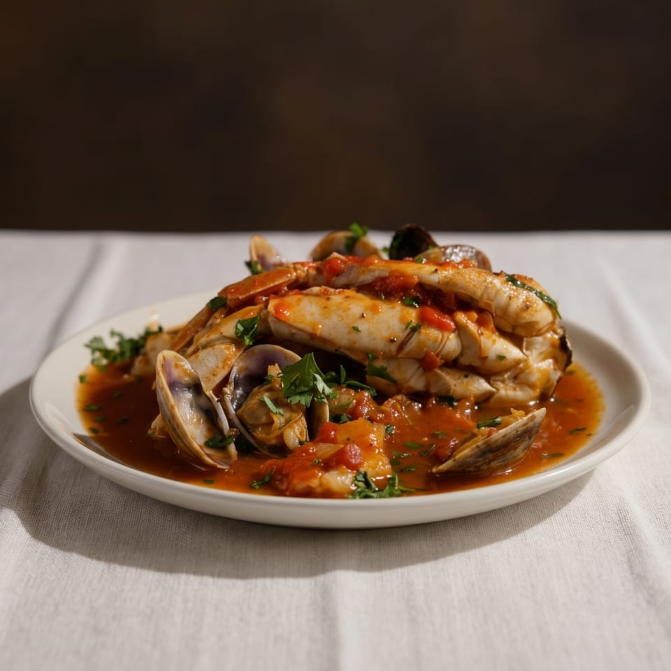 A white plate holds crab legs and clams in a rich red tomato sauce, garnished with parsley.
