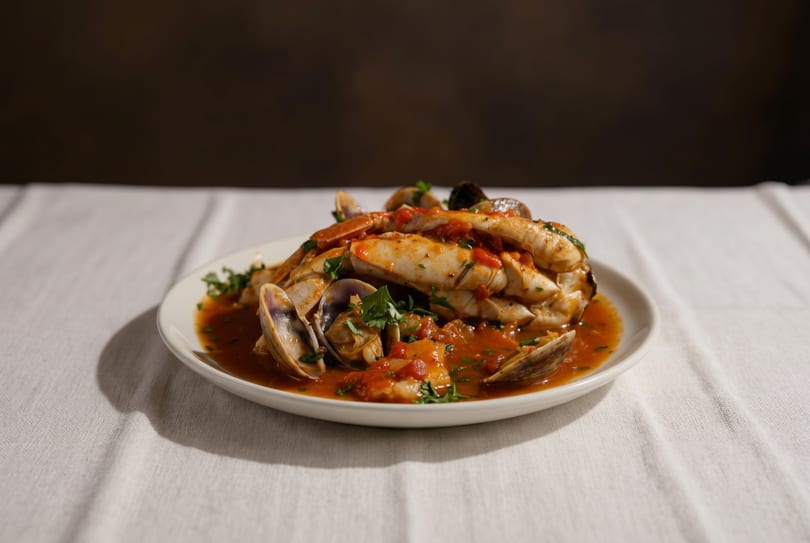 A white plate holds crab legs and clams in a rich red tomato sauce, garnished with parsley.