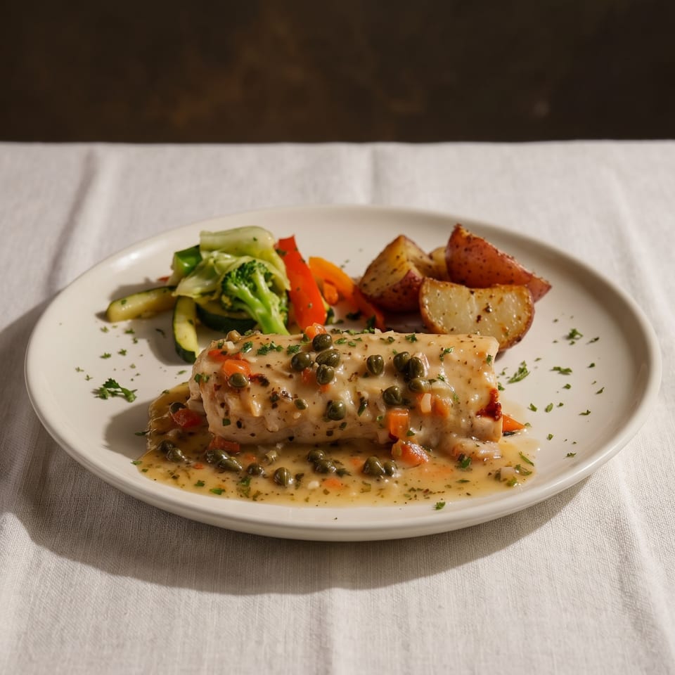 Fish with caper sauce, roasted potatoes, and mixed vegetables on a white plate.