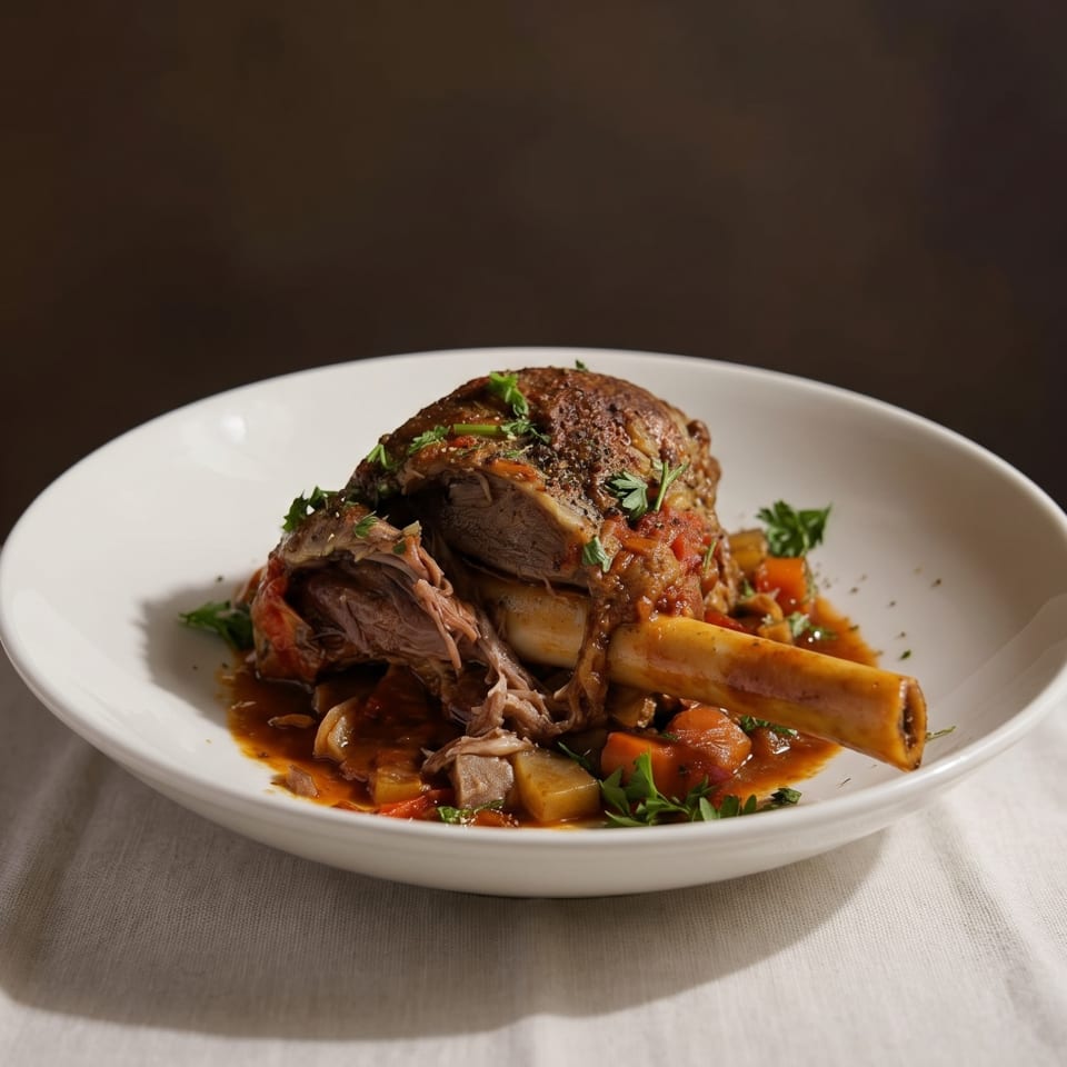 Braised lamb shank with vegetables and herbs in a white bowl on a white tablecloth.