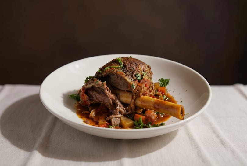 Braised lamb shank with vegetables and herbs in a white bowl on a white tablecloth.