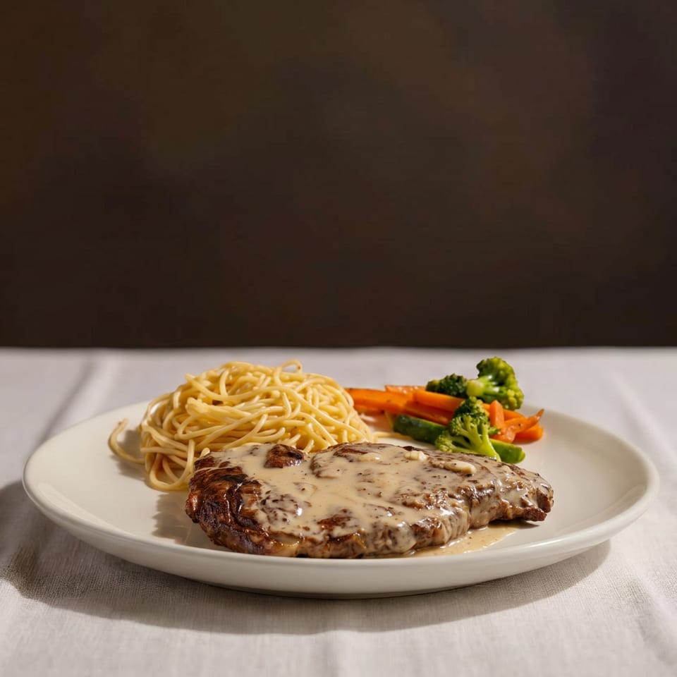 Grilled steak with creamy sauce, spaghetti, and steamed vegetables on a white plate.