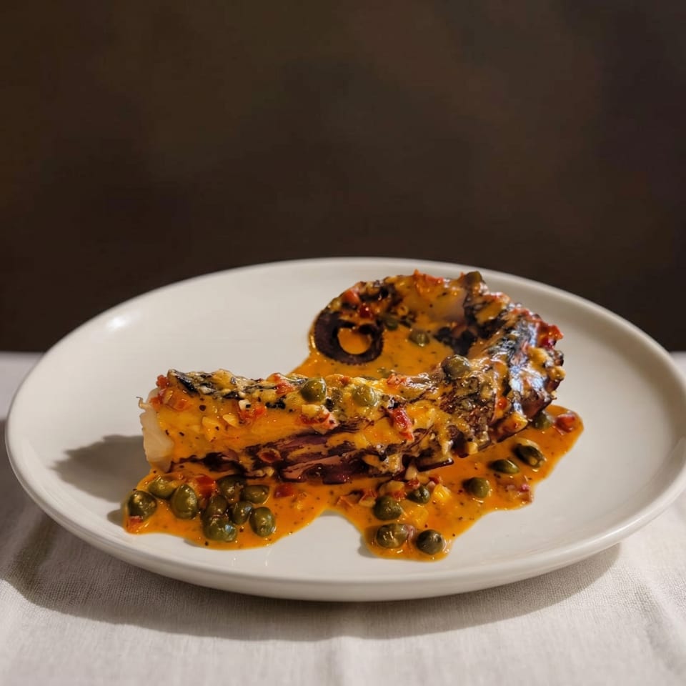 Grilled octopus tentacle with a creamy orange sauce and capers on a white plate.