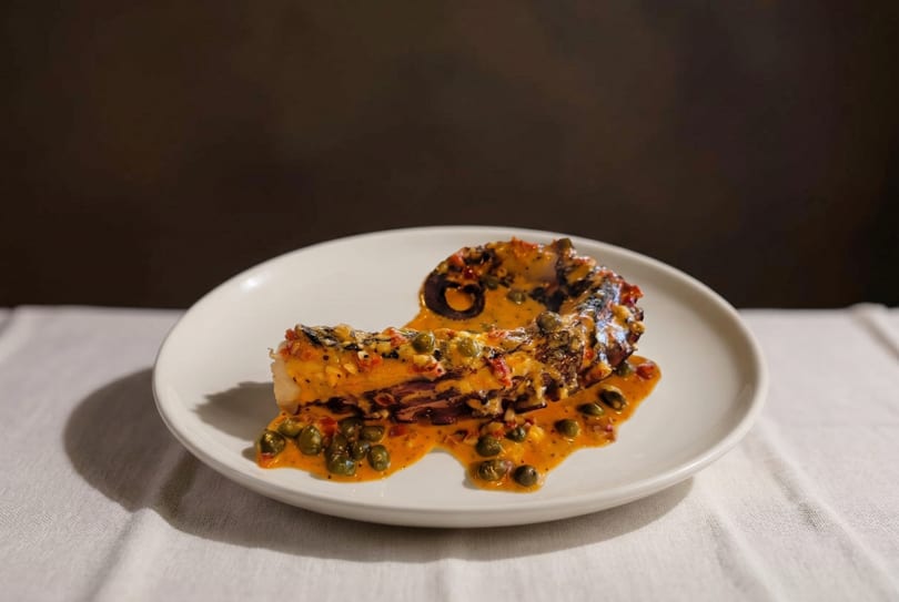 Grilled octopus tentacle with a creamy orange sauce and capers on a white plate.