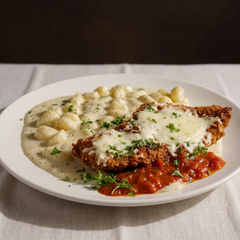 Chicken parmesan with melted cheese and red sauce, alongside gnocchi in a creamy white sauce.