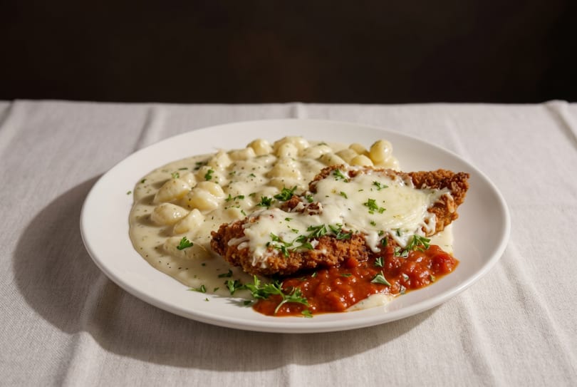 Chicken parmesan with melted cheese and red sauce, alongside gnocchi in a creamy white sauce.