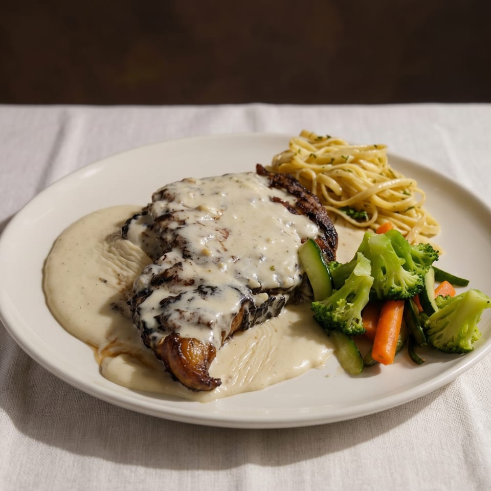 Grilled chicken with creamy sauce, pasta, and steamed vegetables on a white plate.