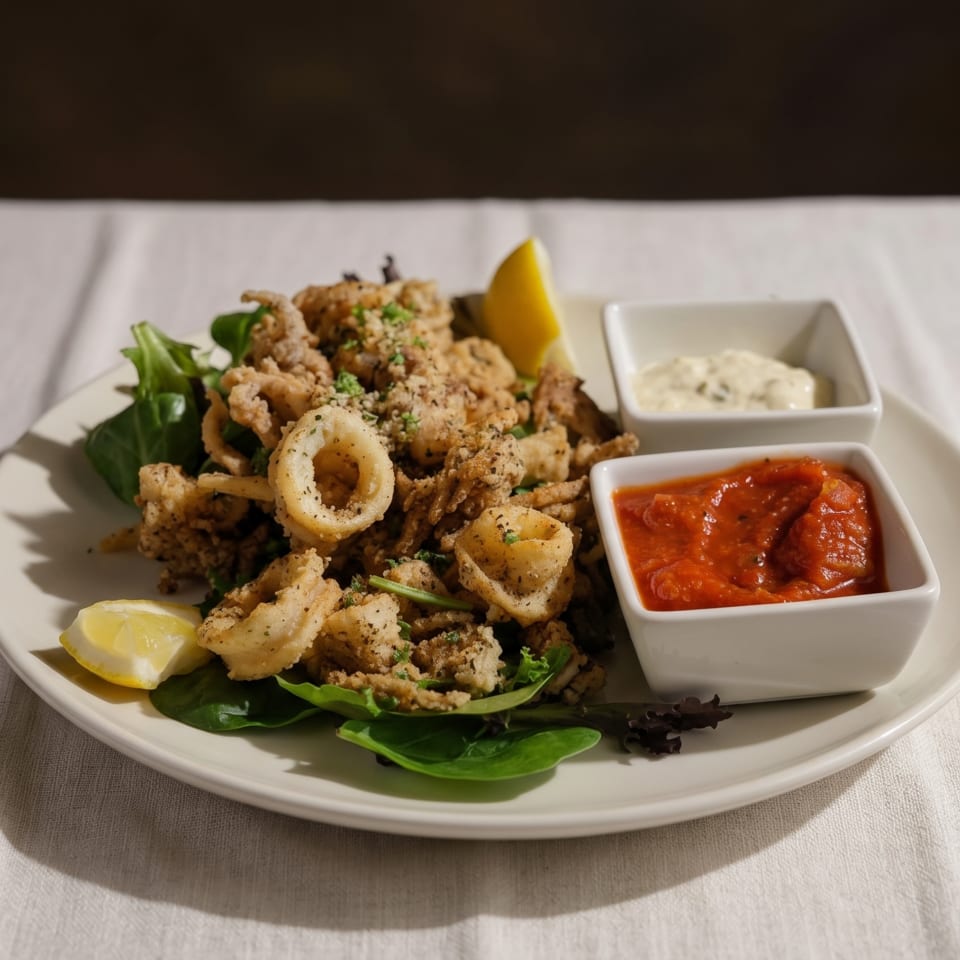 Crispy fried calamari with lemon wedges, marinara sauce, and aioli on a white plate.